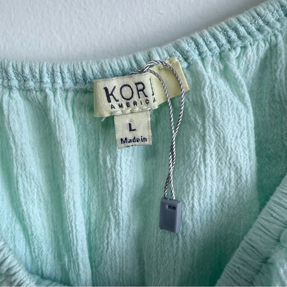 Kori Mint Boho Green Crinkle Off-Shoulder Tassel Pom Pom Blouse Top Size XL - Picture 4 of 6